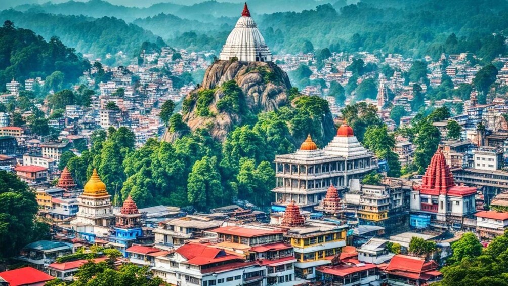 A densely populated city with a prominent temple on a hilltop, surrounded by lush greenery. 4