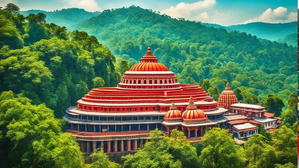 A large temple complex with multiple domes, surrounded by lush green forest and hills. 2