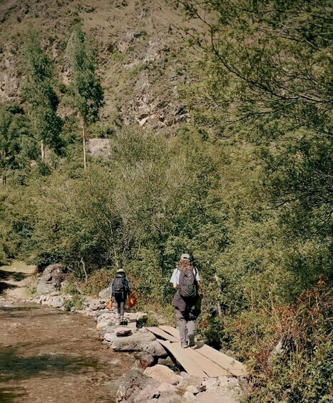 Two hikers on a rocky trail with dense shrubbery and a river in the background. 3
