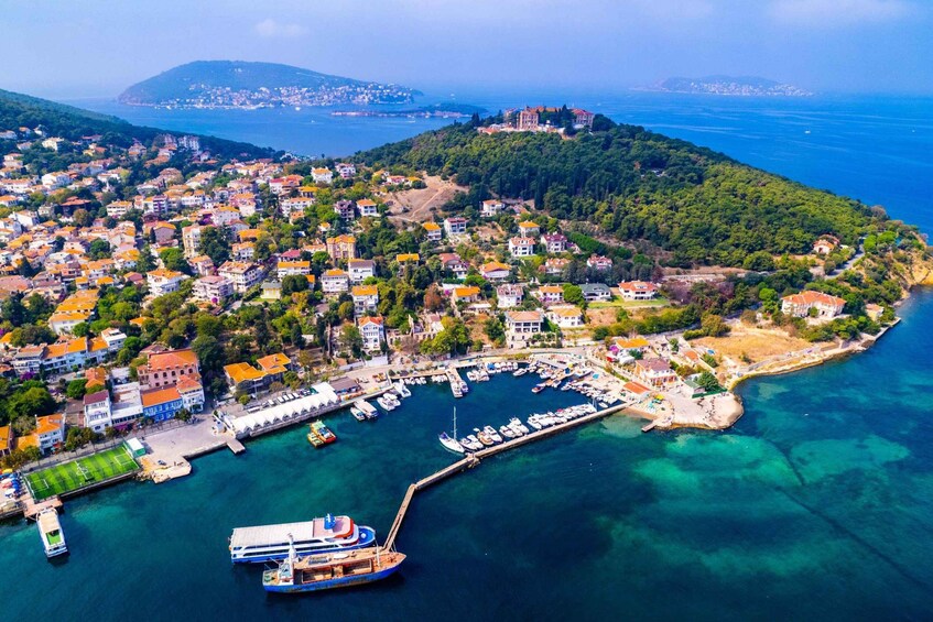 An aerial view of a coastal town with a marina, residential buildings, and a hilltop castle. 3