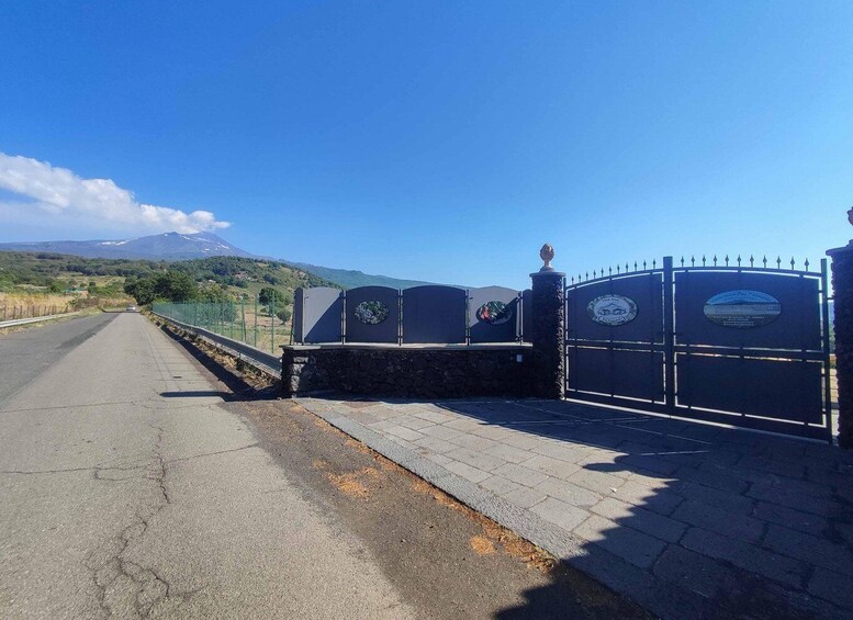A paved road leading to a gated entrance with a mountain in the background. 5