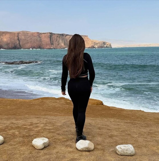A person standing on a sandy beach with a rocky cliff in the background. 1