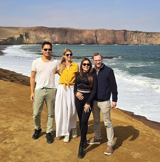 A group of four people standing on a sandy beach with a cliff and ocean in the background. 2