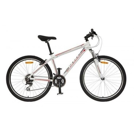 A white bicycle with a black seat, a chain, and a gear system. 2