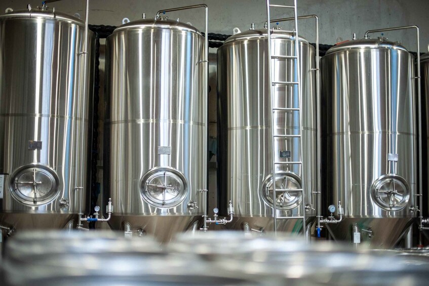 Stainless steel brewing tanks with pressure gauges and valves. 2