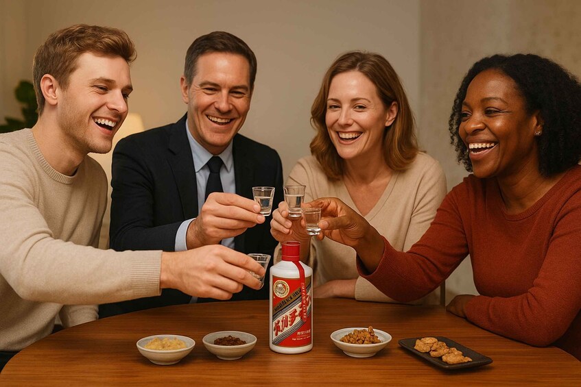Four people sitting at a table with a bottle of beverage and bowls of food. 1