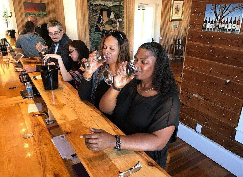 A group of people tasting wine at a wooden bar with a rustic decor. 4