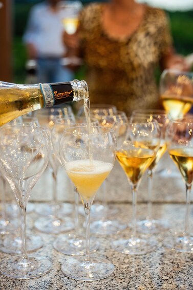 A bottle of champagne being poured into a glass. 1