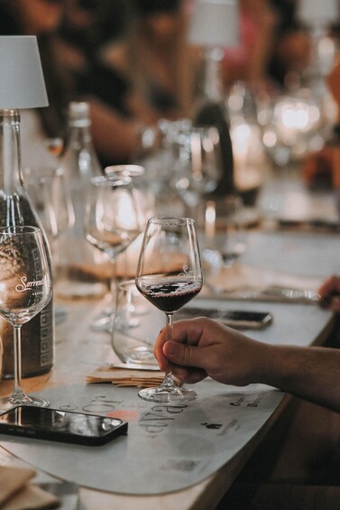 A person holding a wine glass with a dark liquid, surrounded by empty glasses and a bottle on a table. 2