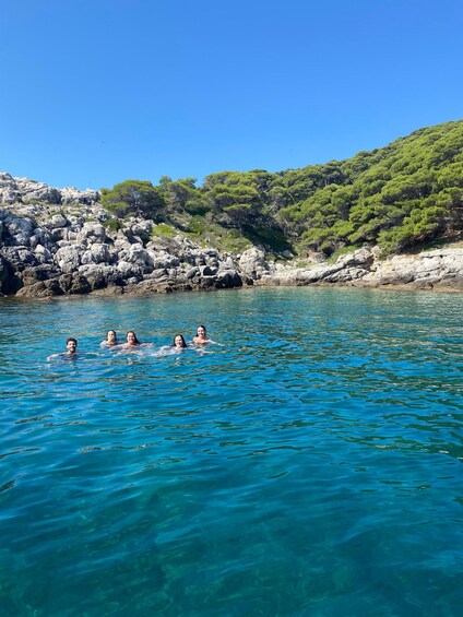 A group of people swimming in clear blue water with rocky cliffs and green trees in the background. 3