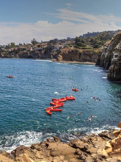 A coastal scene with kayaks and people swimming in the water, cliffs, and houses in the background. 4