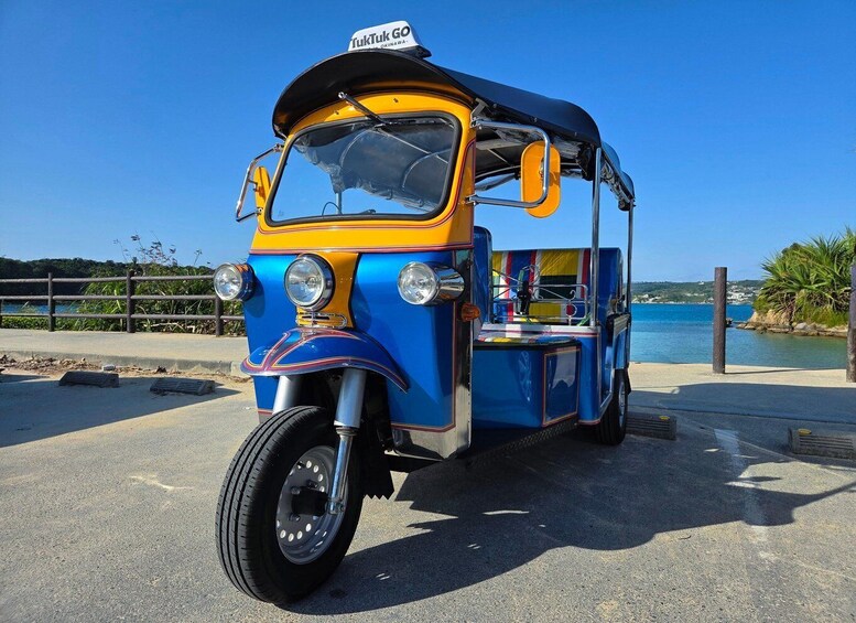 A colorful tuk-tuk parked by a waterfront. 2