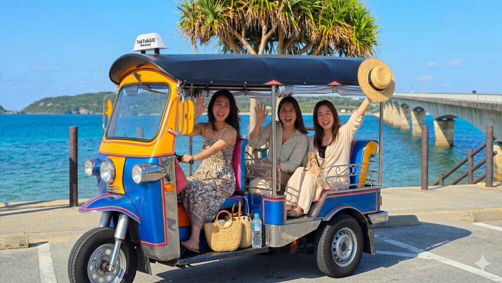 A tuk-tuk with three passengers, parked by a waterfront with palm trees and a bridge in the background. 1