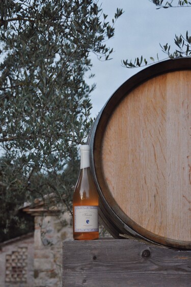 A wooden barrel, a bottle of olive oil, and a tree in the background. 3