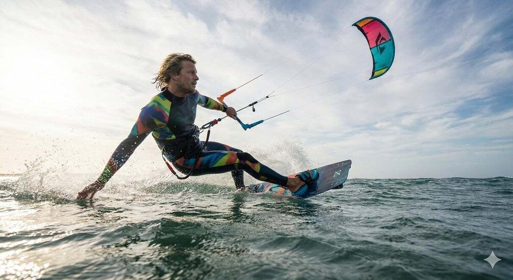 A person windsurfing on the water with a colorful kite. 4
