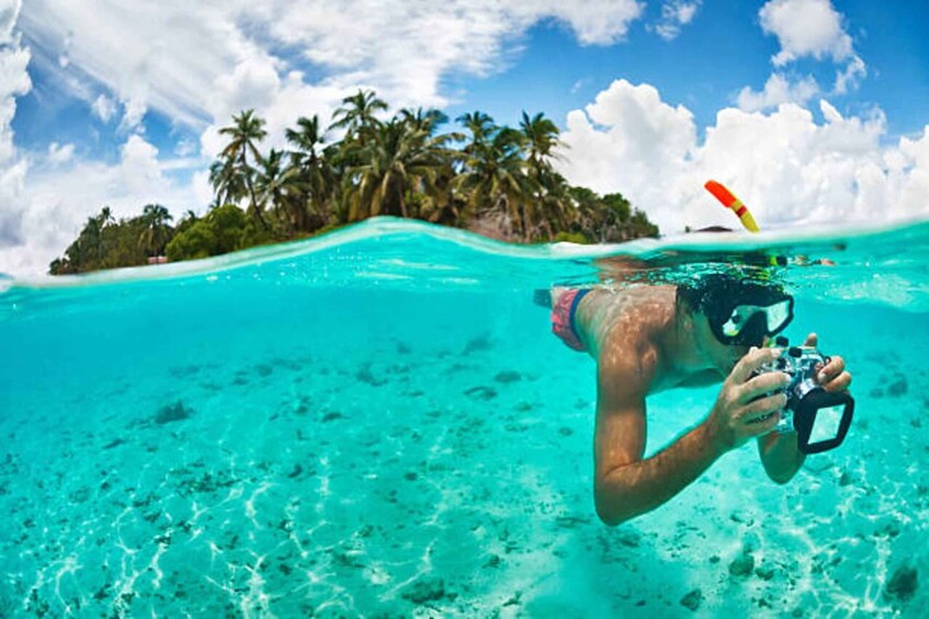 A person snorkeling underwater with a camera, clear turquoise water, and a tropical island with palm trees in the background. 5