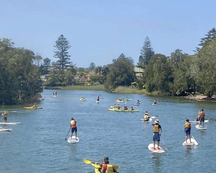 People paddleboarding on a calm river surrounded by trees and houses. 4