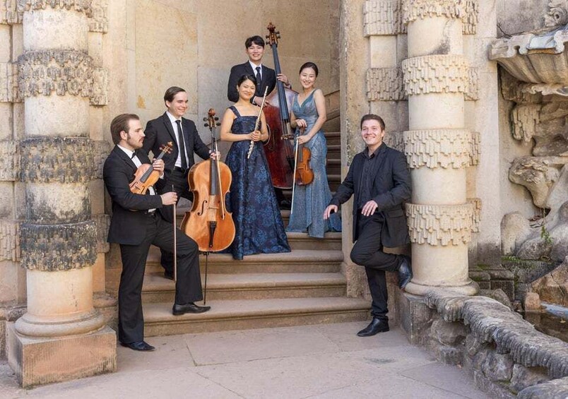 A group of musicians in formal attire playing string instruments on a stone staircase with classical architecture. 3