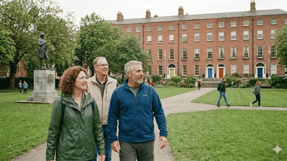 Three people walking in a park with a red brick building in the background. 5