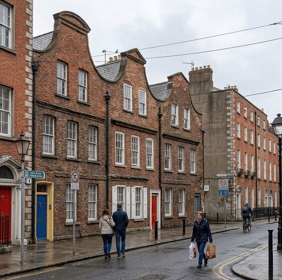 A street with red brick buildings, a blue door, and a person walking with shopping bags. 2