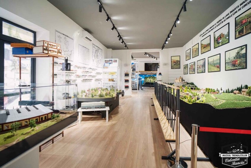 A museum interior with model displays, informational posters, and a model landscape. 1