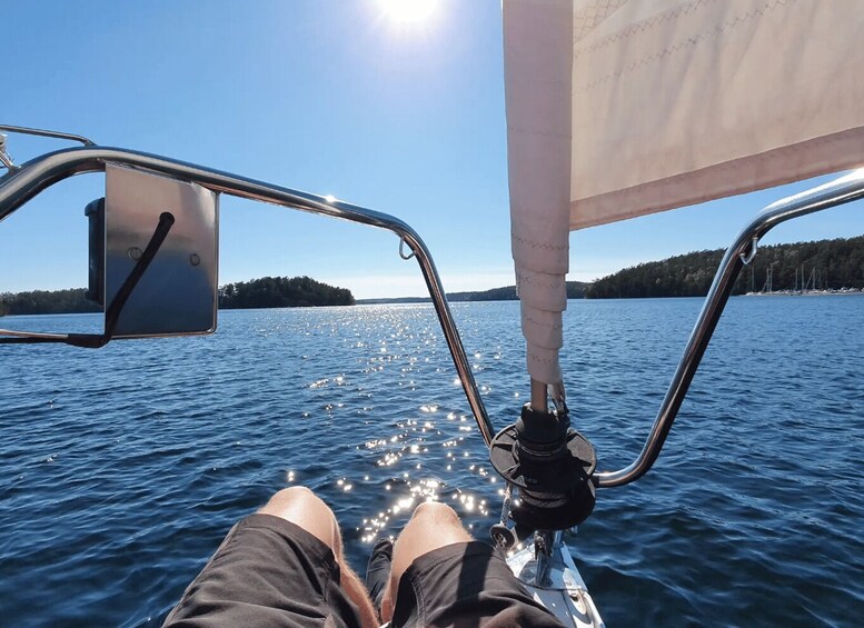 A person on a sailboat with a view of calm water and distant land. 2