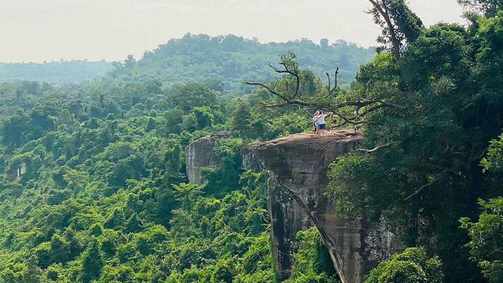 A person standing on a cliff edge with dense forest in the background. 2