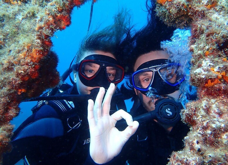 Two people scuba diving with a coral reef in the background. 1