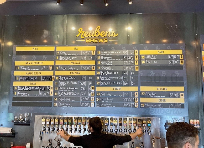 A person at a bar with a menu listing various beers and non-alcoholic drinks. 3