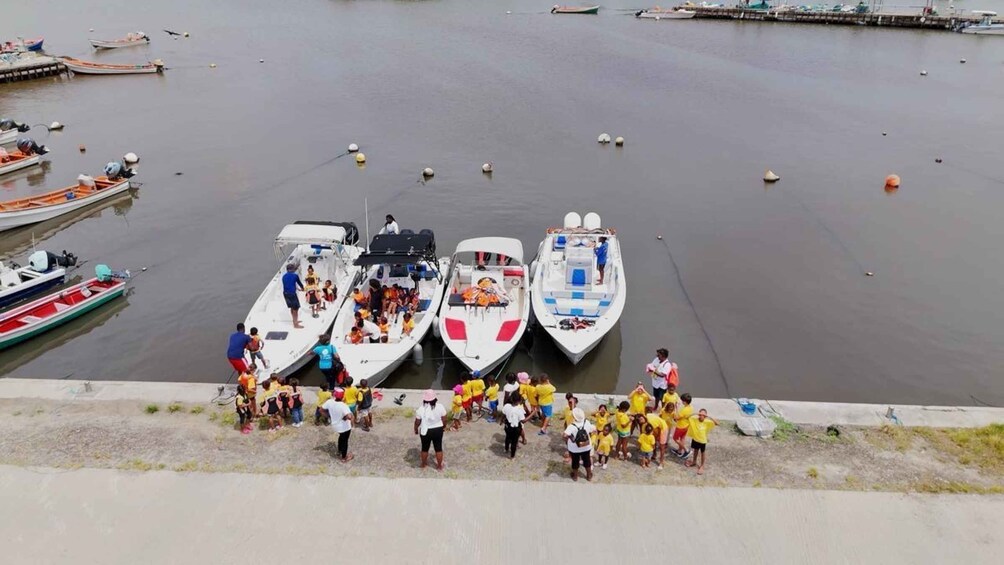 A group of people gathered near three speedboats docked at a marina. 1
