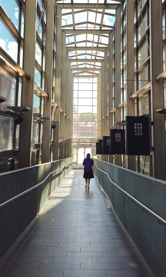 A person walking down a corridor with glass ceilings and metal railings. 3