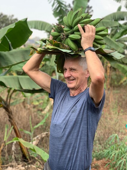 A person carrying a bunch of green bananas on their head. 1