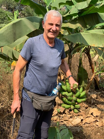 A person holding a bunch of bananas and a water bottle, standing in a banana plantation. 2