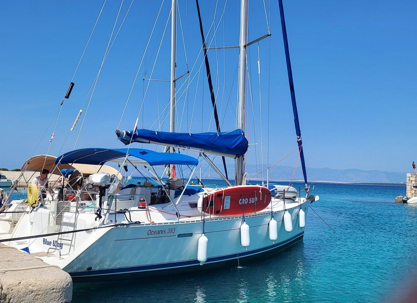 A sailboat named 'Oceans 393' docked at a marina with a clear blue sky and calm sea. 1