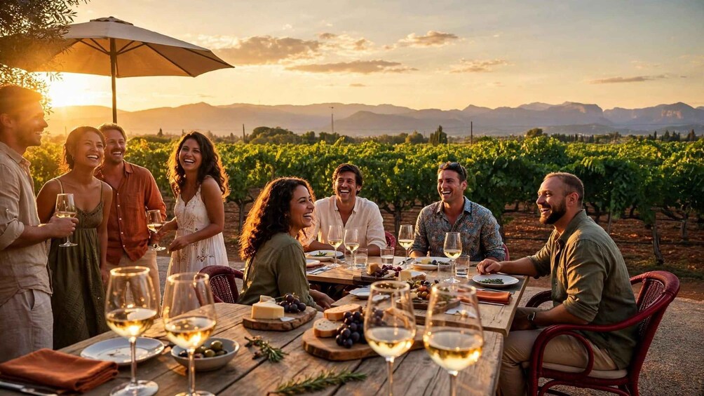 A group of people dining outdoors in a vineyard at sunset. 1