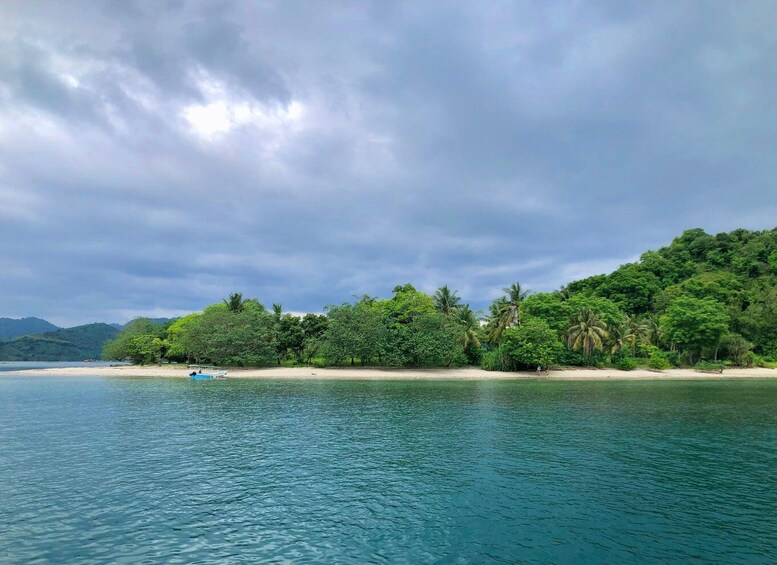 A tropical beach with clear water, dense greenery, and a small boat. 3