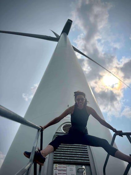 A person climbing a ladder on a wind turbine. 1