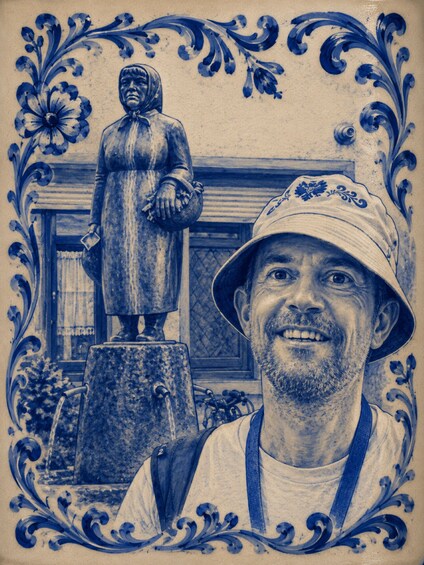 A person in front of a statue with a decorative blue border. 3