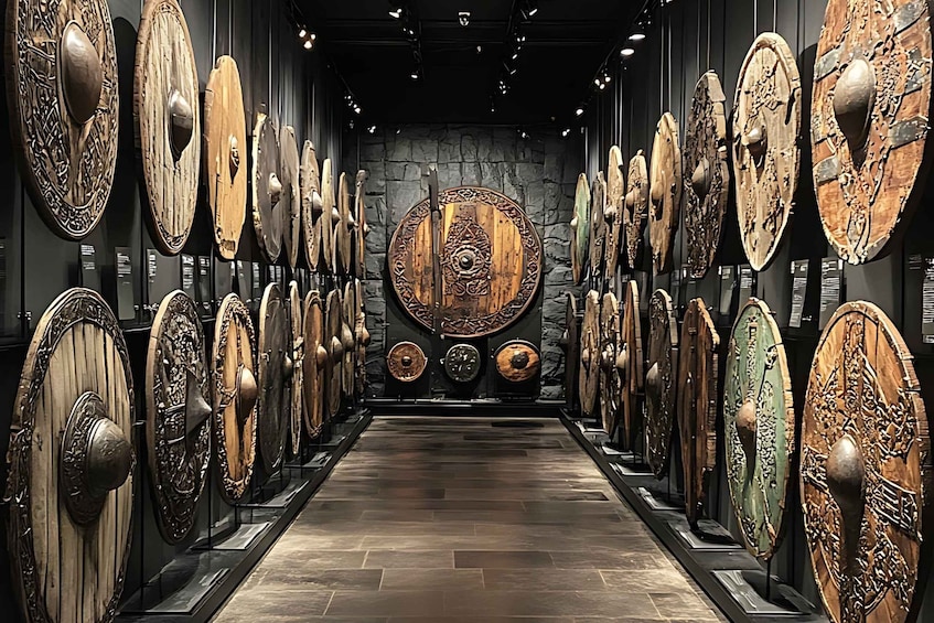 A museum corridor with rows of historical shields and armor on display. 2