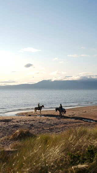 Two riders on horses along a beach with a calm sea and distant mountains. 5