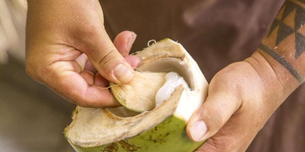 A person peeling a coconut. 1