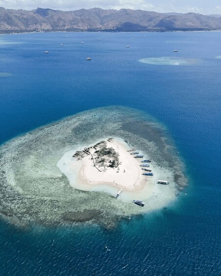 An aerial view of a tropical island with a clear blue sea, a sandy beach, and several boats anchored near the shore. 2