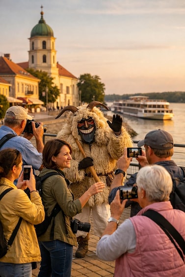 A person in a furry costume with a mask, surrounded by people taking photos. 1
