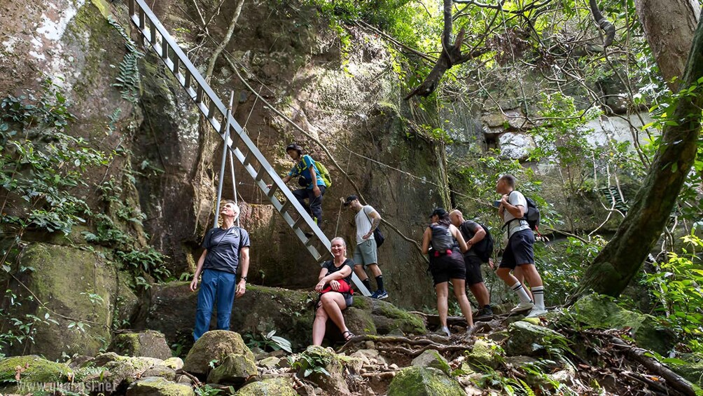 A group of hikers navigating a rocky terrain with a wooden ladder. 5