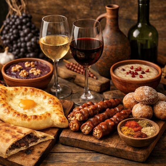 A variety of foods including bread, sausages, and a bowl of nuts, along with two glasses of wine on a wooden table. 2
