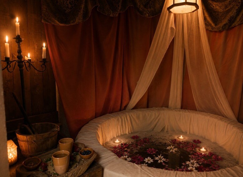 A dimly lit room with a bed, candles, and a wooden table with bowls and cups. 3