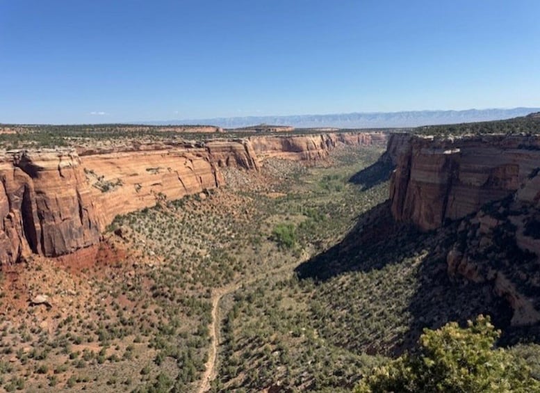 A canyon landscape with red rock formations, sparse vegetation, and a clear blue sky. 2