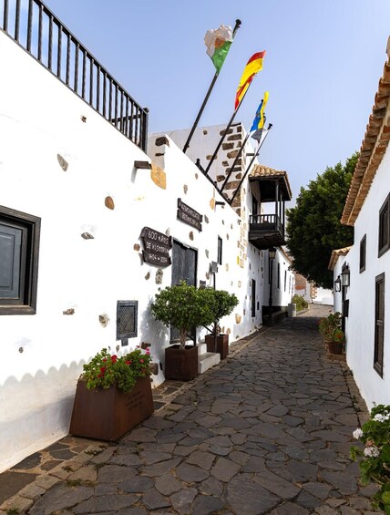 A narrow cobblestone street flanked by white buildings with stone accents, potted plants, and flags. 5