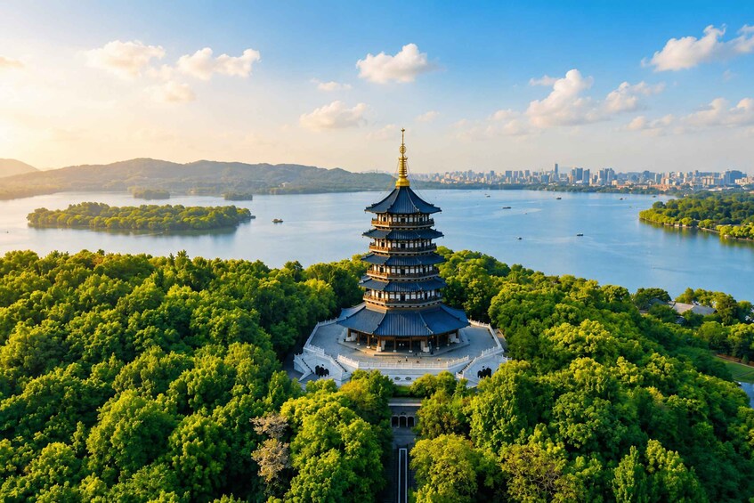 A pagoda surrounded by lush greenery and a body of water with a city skyline in the background. 1