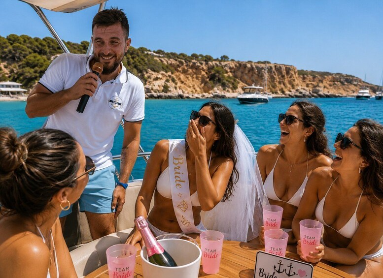 A group of people on a boat with a rocky coastline in the background. 2